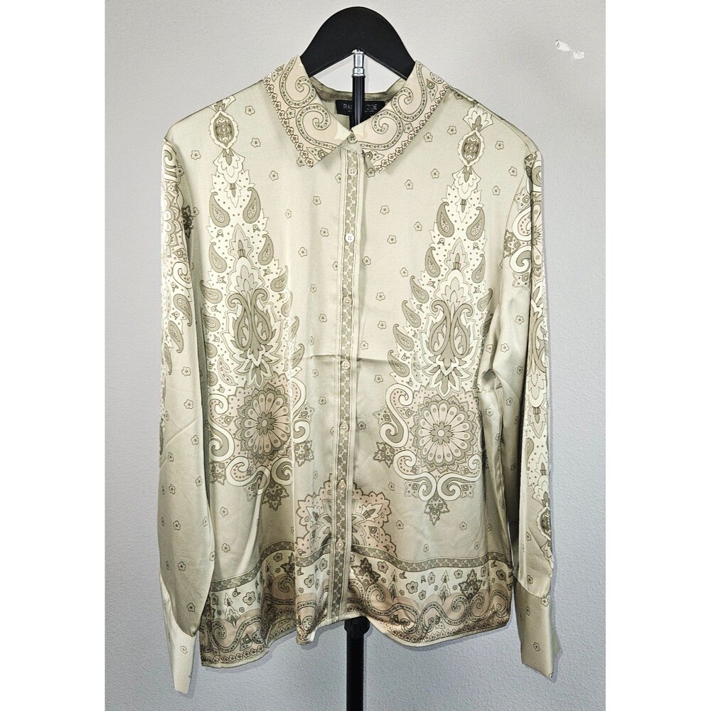 Rachel Zoe Blouse Womens L Silk Feel Paisley Button Front L/S Boho Design